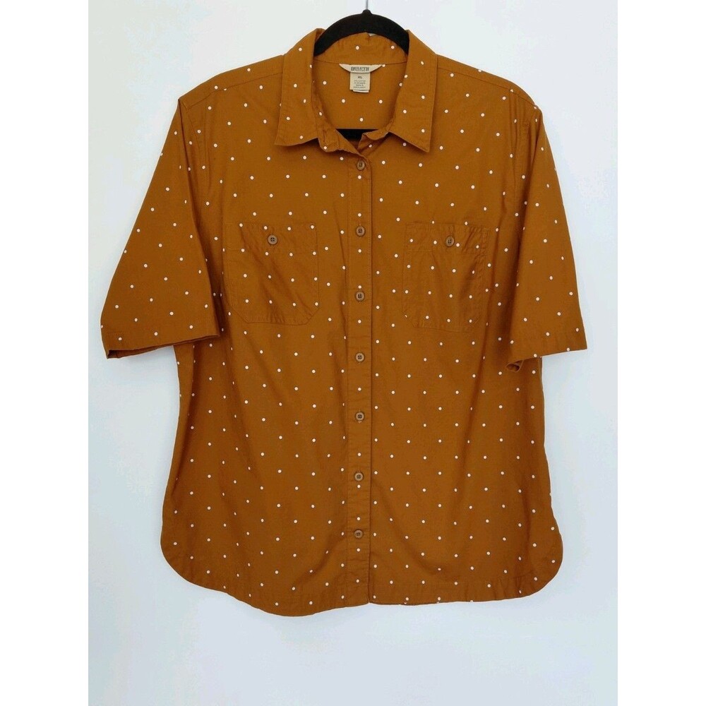 Duluth Trading Women's Button-up Brown/White Polka Dot Short Sleeve Top XL